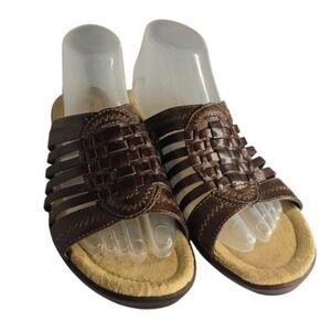 Earth Origins Gail Leather Wedge Sandals Womens Size 9 Brown Slides